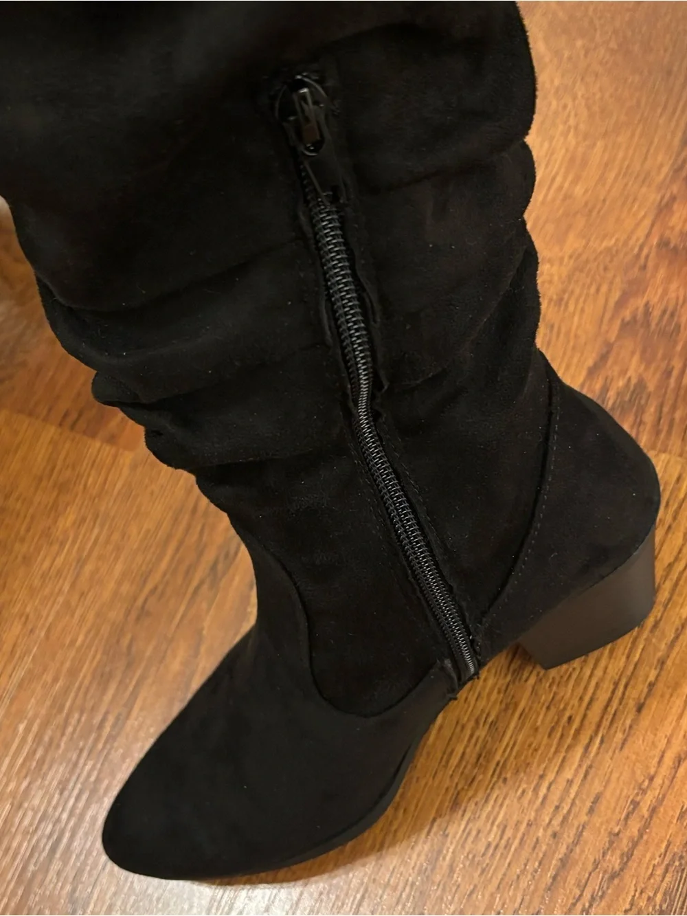 Stanley Black Knee-High Suede Block Heel Boots